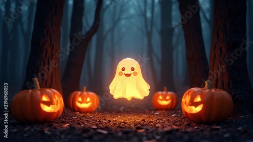 Glowing ghost floating through dark forest with orange pumpkins, bright faceted style,  spooky Halloween stock