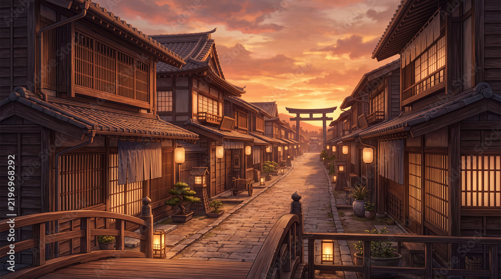 Fototapeta premium Japanese Edo-Era Old Town Street - Bridge Overlook Wide Shot - Sunset