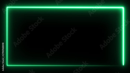 Abstract green neon rectangular frame animation featuring glowing borders, luminous edges, smooth motion, and bright electric illumination against a dark background for modern digital design.