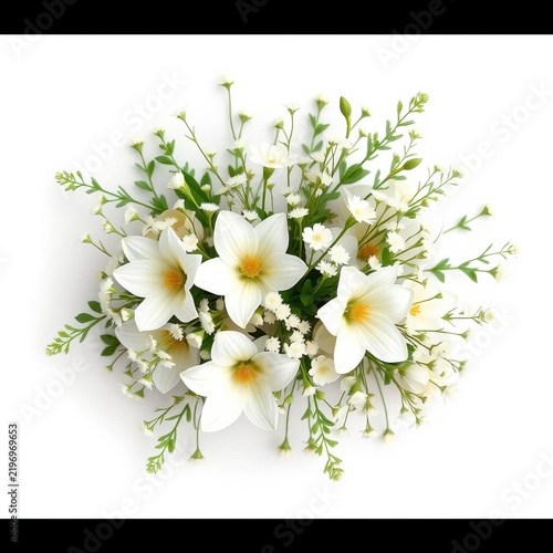Whimsical floral arrangement featuring delicate white flowers and greenery isolated on a white background, classic, sorrel