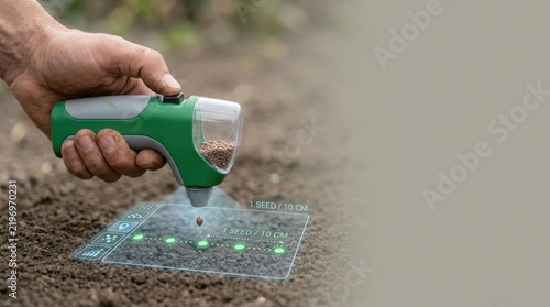 Handheld seed dispenser in use with soil tester for efficient seed use and planting in gardening activities
