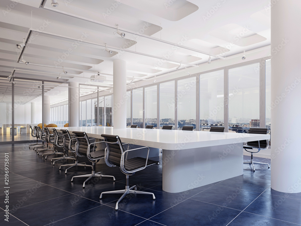 Obraz premium 3D render of a spacious modern boardroom featuring a long white table, black chairs, and large windows with a city view.