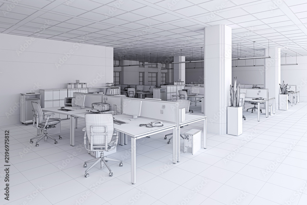 Obraz premium 3D wireframe illustration of a spacious open-plan office interior featuring multiple desks, chairs, and computers.