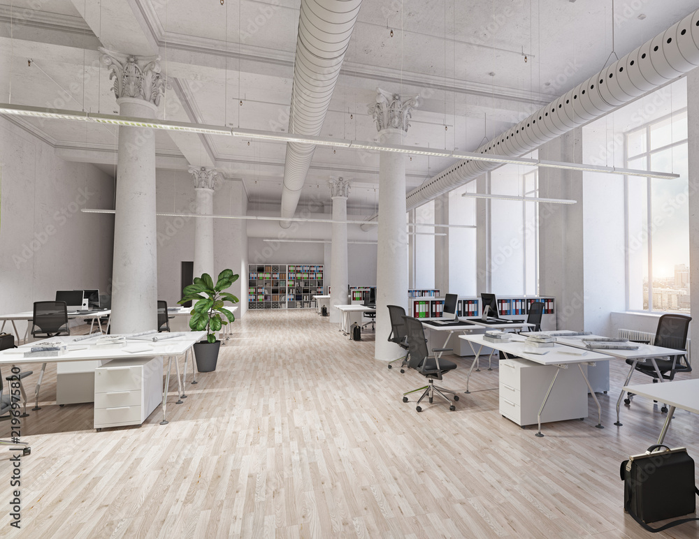 Obraz premium 3D render of a spacious modern open-plan office interior featuring white desks, black chairs, columns, and wood floors.