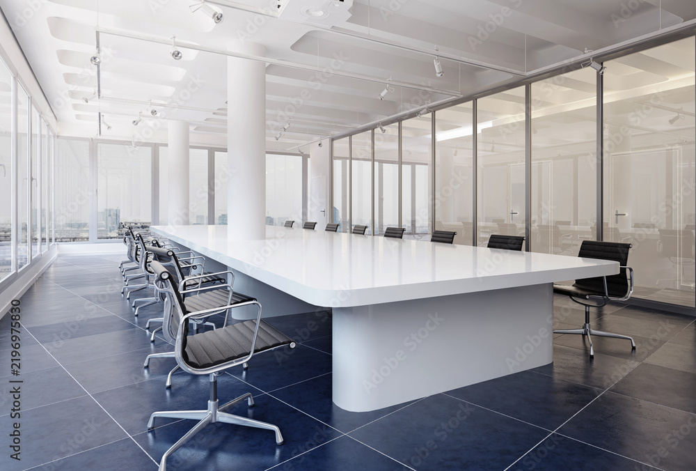 Obraz premium 3D render of a modern conference room with a large white table, black chairs, glass walls, and dark tiled flooring.