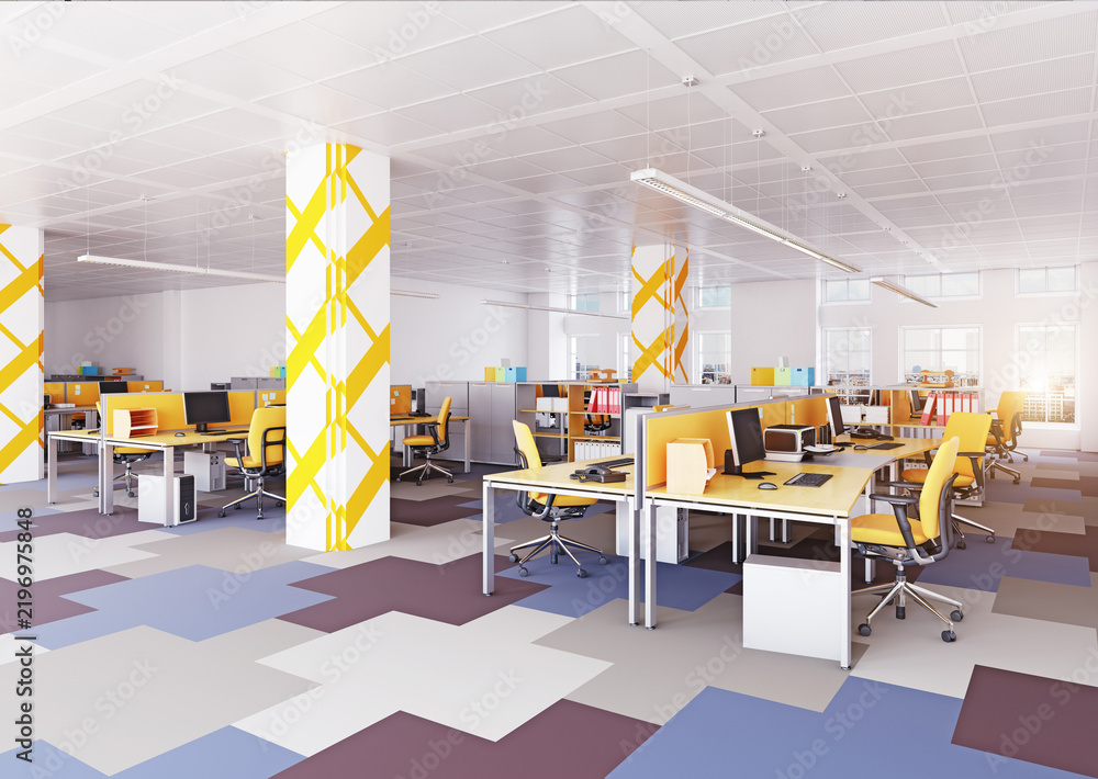 Obraz premium Spacious open plan office interior with yellow chairs, desk partitions, patterned columns, and colorful carpet tiles.