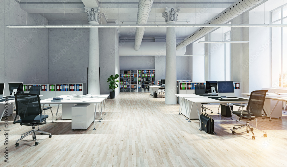 Obraz premium 3D render of a bright, modern open-plan office interior with white desks, computers, large columns, and a wooden floor.
