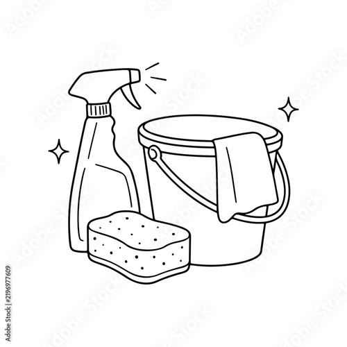 Simple Cleaning Supplies with Bucket, Spray Bottle and Sponge Illustration Minimal Household Cleaning Tools Black and White Line Art