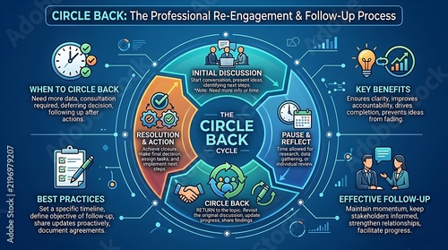 Circle Back professional re-engagement and follow-up process infographic, business cycle diagram for project management and effective communication