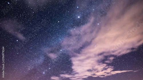 Star-filled night sky with visible Milky Way and scattered clouds illuminated by soft pink and purple hues.