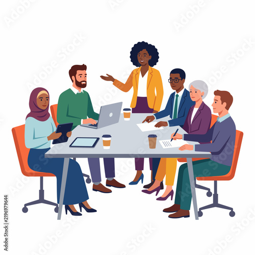 Diverse multicultural business team collaborating during a corporate meeting around a table