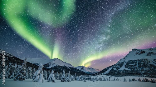 Vibrant green and purple auroras illuminate a starry night sky above snow-covered mountains and trees.