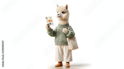 Cute anthropomorphic alpaca character holding a colorful artist palette, standing upright on a clean white background.