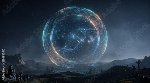 Mystical Orb in Alien Landscape: A glowing, ethereal orb of energy hovers over a desolate alien landscape, casting an otherworldly aura with its intricate patterns of light and cosmic dust.