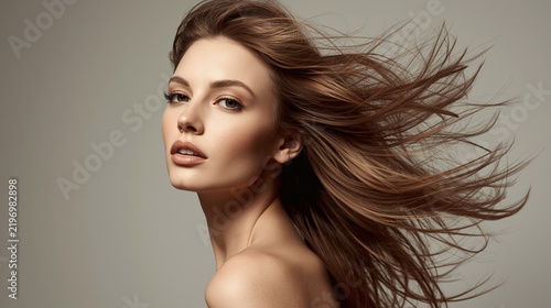 Beautiful young woman with long healthy blowing hair in studio for professional hair care commercial concept