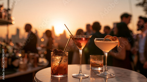 Various colorful cocktails on a rooftop bar table during a golden sunset with blurred people in the background. Perfect for nightlife and social gathering advertisements.