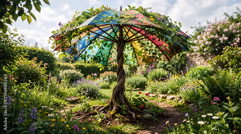 Obraz premium A whimsical garden landscape featuring a vibrant rainbow umbrella serving as a natural tree canopy
