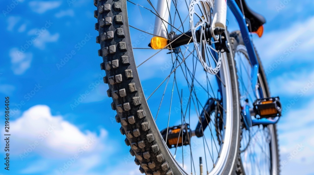 Fototapeta premium Close-Up View of Bicycle Tire Against Vibrant Blue Sky with White Clouds in a Clear Day Setting
