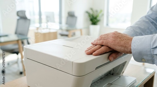 professional using a multifunction printer in a bright modern office, representing workplace productivity, document management, technology interaction, and efficient business workflow