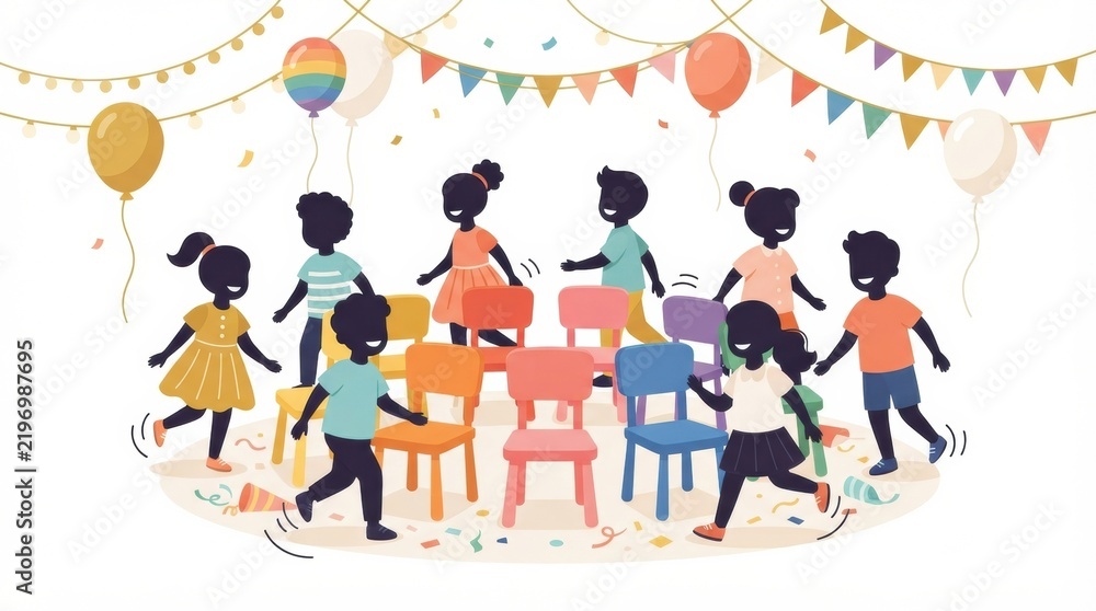 Fototapeta premium Children enjoy a birthday party with games, colorful decorations, balloons, and a cake while having fun together