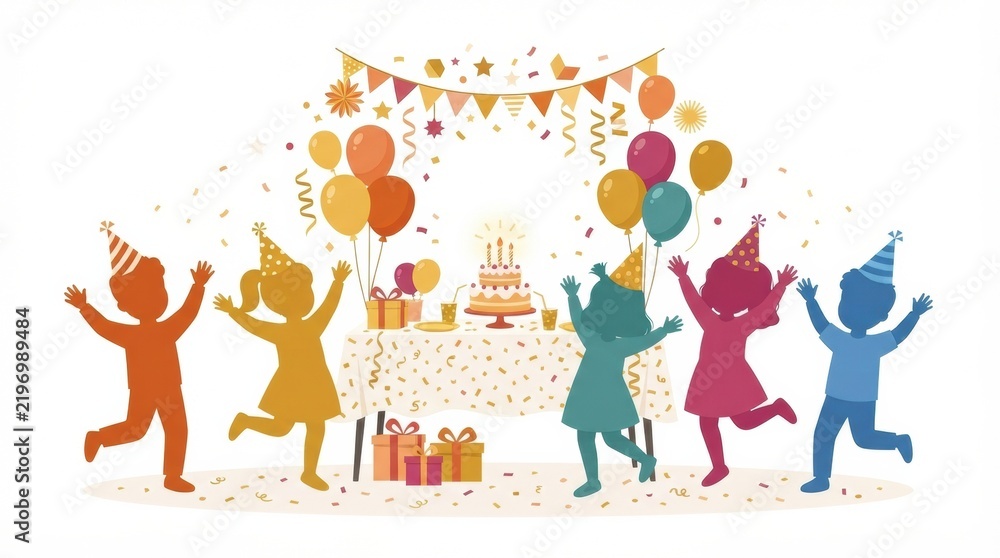 Fototapeta premium Kids enjoy a birthday party with a cake, colorful balloons, and decorations while celebrating together with laughter and joy.