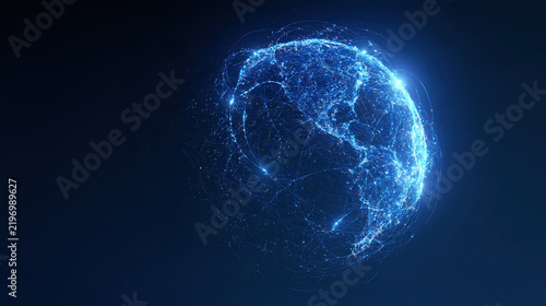 Futuristic AI network concept showing elegant glowing orb of digital connection in deep blue space