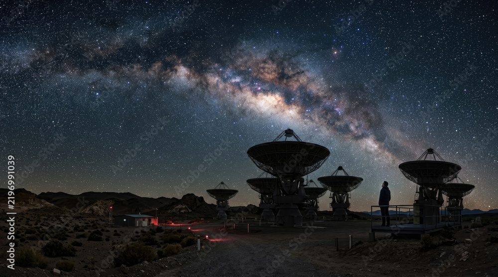 Obraz premium Radio telescope dish, satellite antenna array, astronomer standing under starry night sky, milky way galaxy background, outer space exploration, cosmic science research observatory.