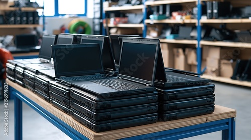 Rows of Used Laptops Stacked on a Workbench in a Technology Recycling Facility