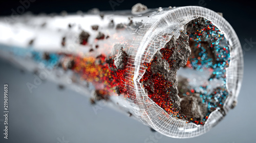 Damaged transparent pipe showing internal blockage and burst