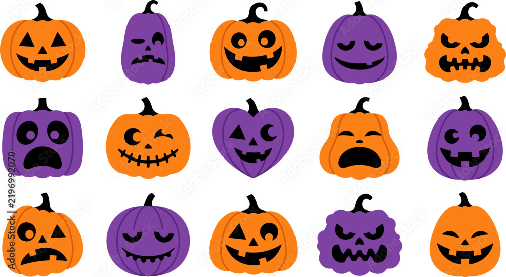 Obraz premium Set of cute halloween pumpkin icons with various funny faces