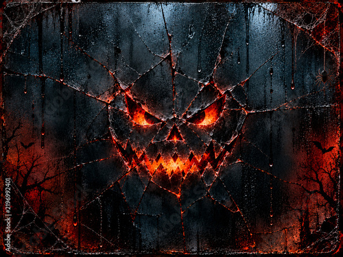 Halloween Jack O Lantern Face Behind Cracked Glass Horror Background Copy space design