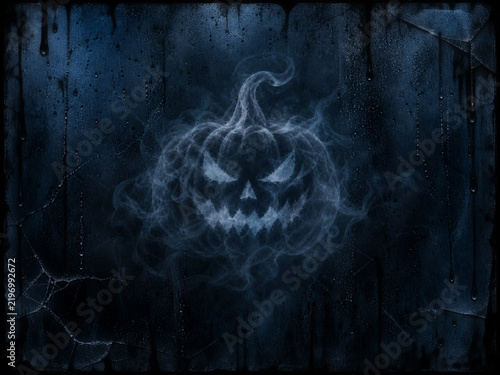 Halloween Ghost Pumpkin Made of Smoke on Dark Cracked Glass Background Copy Space Design