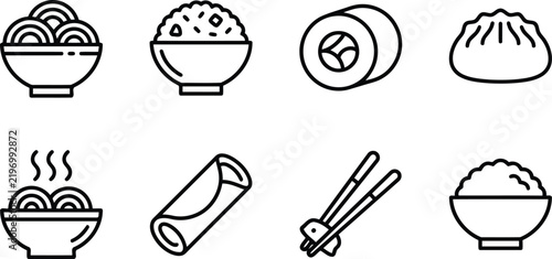 Various asian food icons including noodle bowls sushi rolls and rice in a simple outline graphic format with chopstick