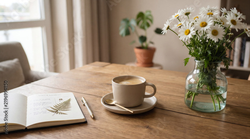 Cozy Morning Coffee Desk with Daisy Flowers, Open Journal, and Pen