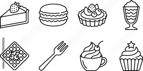 Set of delicious sweet treats and dessert icons in outline style with illustration strawberry delicious confectionery