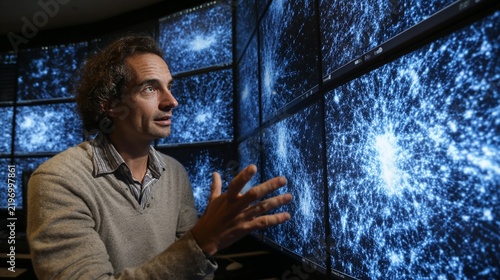 Astrophysicist Engaged in Deep Discussion Surrounded by Stunning Visualizations of Cosmic Structures on Multiple Screens in a Modern Observatory Setup