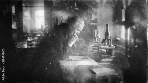 An enigmatic figure reminiscent of the 1930s gazes thoughtfully at scientific equipment in an observatory, shrouded in a ghostly atmosphere that evokes curiosity and nostalgia.