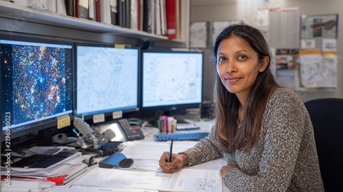 Professional woman working diligently in a university office, surrounded by multiple computer screens displaying colorful data visualizations and sketches, reflecting a vibrant academic atmosphere and