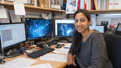 Astrophysicist in Office Analyzing Cosmic Data on Multiple Monitors Surrounded by Research Materials and Papers Reflecting Dedication to Science and Discovery