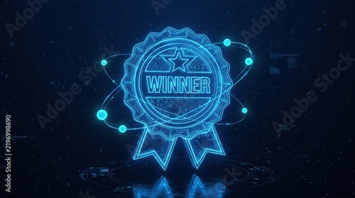 3D glowing blue futuristic winner ribbon with a wireframe tech design.