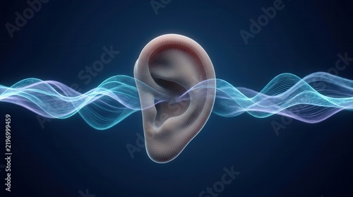 Human ear with abstract sound waves on a blue background.