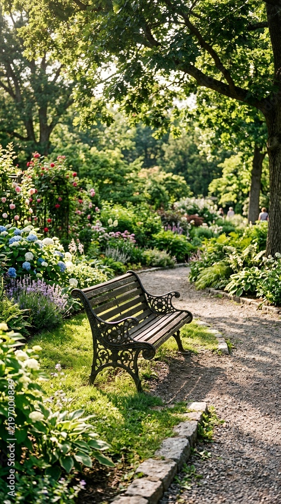 Fototapeta premium Tranquil Park Bench Bathed in Sunlight Amidst Lush Greenery.