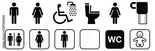 Restroom Bathroom Icons with Toilet Shower Wheelchair WC Male Female and Baby Symbols for Public Facilities and Vector Design
