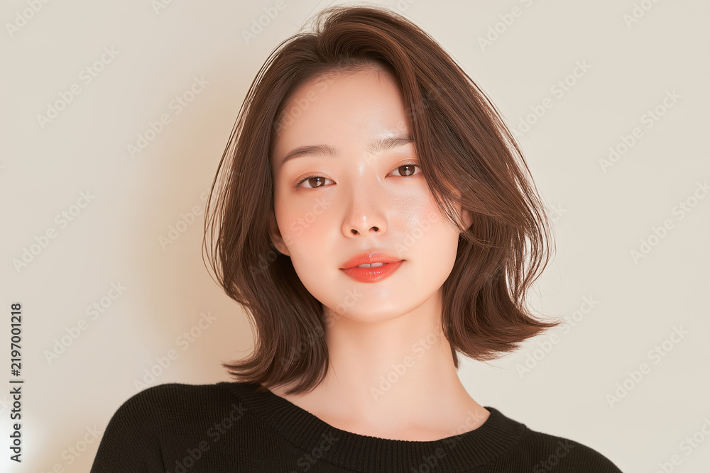 Fototapeta premium 日本人, 女性, 50代, 40代, ミドル, シニア, 美容, スキンケア, エイジングケア, 健康, ライフスタイル, 美人, ナチュラル, 清潔感, 透明感, 白背景, コピースペース, 広告素材, 信頼感, 微笑み, ウェルビーイング, 上半身, 視線, ポニーテール, 化粧品, エステ, 自己肯定感, オーセンティック, ポジティブエイジング, 日本, ウェルエイジング, サプリメント,