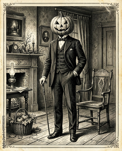 Vintage engraved illustration a gentleman with a pumpkin head