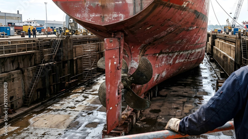 Photo of close up ship in dry dock with bronze propeller and red hull bright natural daylight