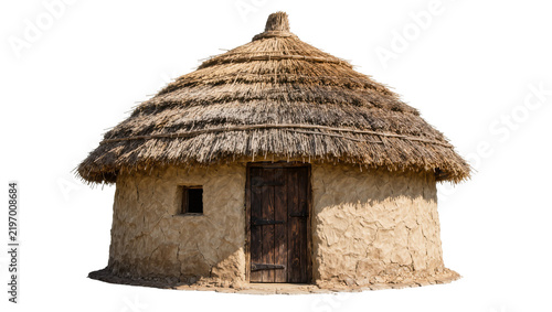 Fotografie Round thatched roof hut with wooden door and small window, isolated on transpare