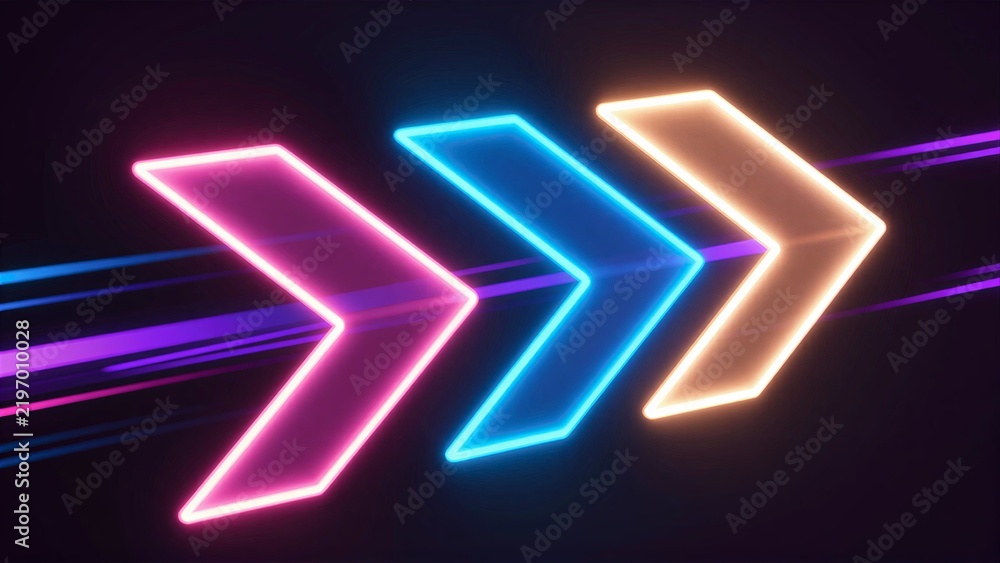 Fototapeta premium Vibrant neon arrows glow in a dynamic, futuristic light trail against a dark background.