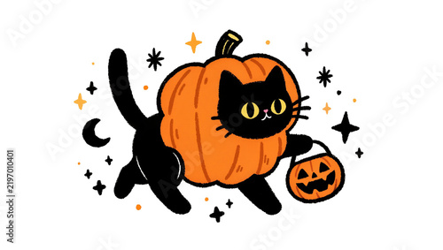 Foto Black cat wearing a pumpkin costume holding a jack-o-lantern candy bucket, isola