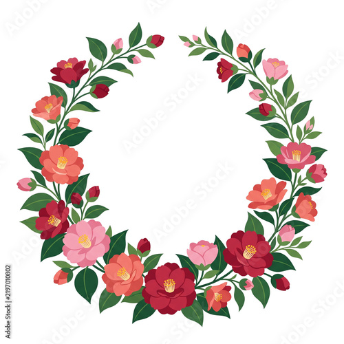 Camellia Wreath Arrangement, Botanical Floral Design, Decorative Circle Featuring Flowers, Leaves